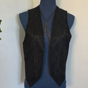 Vintage Black Lace Overlay Open Front Vest By Liz Sinclair